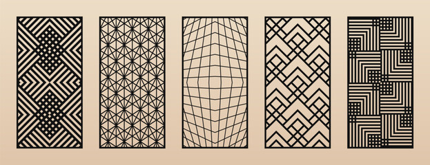 Aufkleber - Decorative panels for CNC, laser cutting. Vector set of modern trendy pattern designs with abstract geometric grid, lines, stripes, diamonds, squares. Laser cut patterns collection. Aspect ratio 1:2