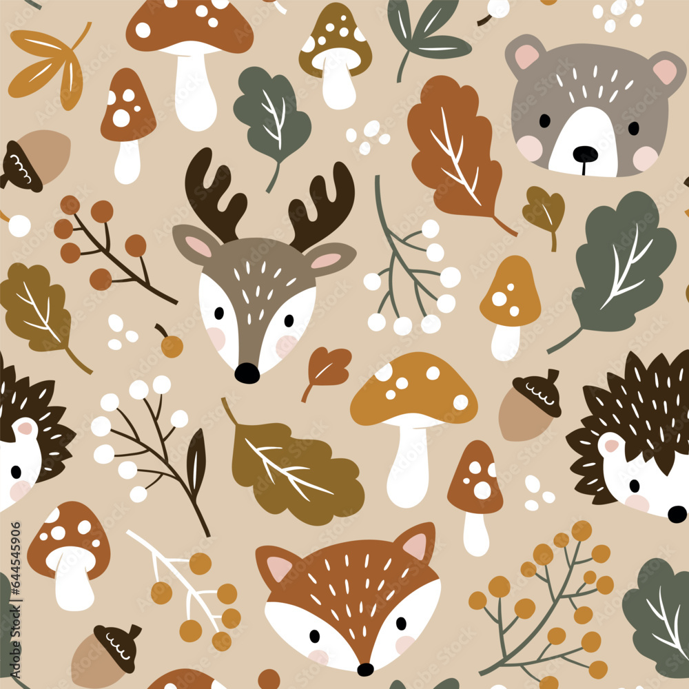 Seamless vector pattern with cute woodland animal heads, mushroom ...