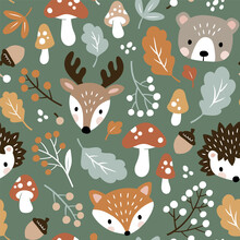 Seamless Vector Pattern With Cute Woodland Animal Heads, Mushroom, Berry And Leaves. Perfect For Textile, Wallpaper Or Print Design.