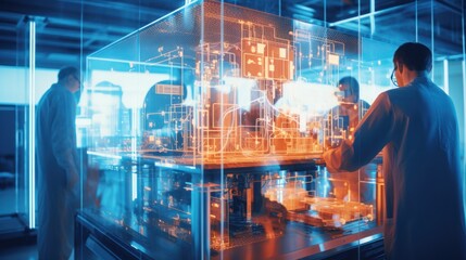 Data scientists work in a modern office of a technology company on the development of a quantum computer. Science, technology, big data and blockchain concept.