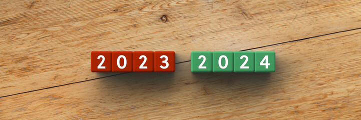 Wall Mural - 3d cubes with the words 2023-2324 on a wooden background