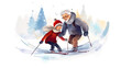 © milicenta - Watercolor drawing of grandfather and granddaughter skiing in winter forest isolated on white background