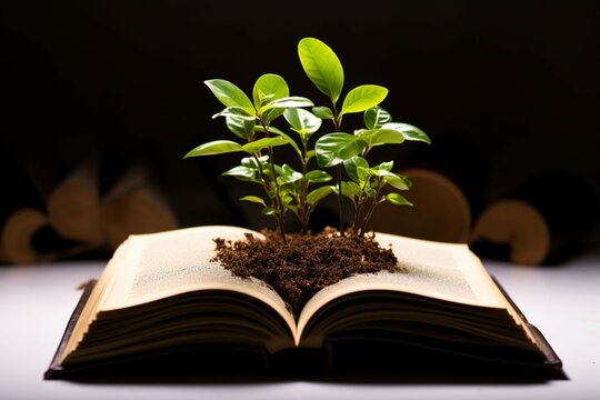 Pages of a book become the fertile soil for a thriving green plant