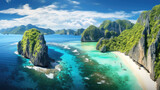 Fototapeta Natura - Aerial of cliff landscape with crystal clear water In El Nido, Palawan, Philippines. Beautiful Tropical Island In Philippines
