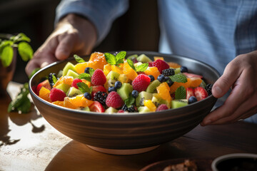 Poster - A person savoring a bowl of vibrant fruit salad, demonstrating that healthy eating can be delicious and enjoyable. Generative Ai.