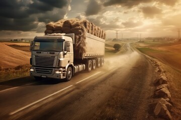 Truck driving on the asphalt road in rural landscape with dark clouds. Delivery of goods and mail. Road freight transportation as a key moment in the development of the economy.