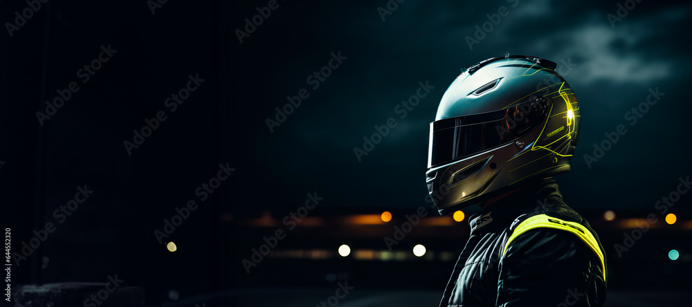Race Car Driver in Jumpsuit with Helmet and Mirrored Visor, Seen from ...