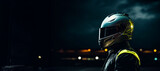 Fototapeta  - Race Car Driver in Jumpsuit with Helmet and Mirrored Visor, Seen from Side and Back at Racetrack