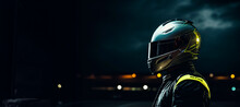 Race Car Driver In Jumpsuit With Helmet And Mirrored Visor, Seen From Side And Back At Racetrack