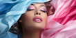 Hübsche Frau mit pink und blau fliegenden Seiden Tuch umhüllt und edler Visagistik als Poster Nahaufnahme im Querformat als Banner, ai 