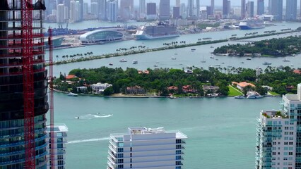 Wall Mural - Aerial reveal Star Island with Port Miami in background circa 2023