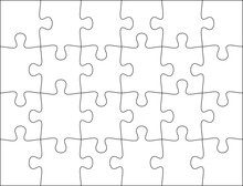 Puzzles Grid Template 6x4. Jigsaw Puzzle Pieces, Thinking Game And Jigsaws Detail Frame Design. Business Assemble Metaphor Or Puzzles Game Challenge Vector.