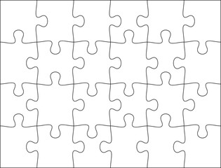 Puzzles grid template 6x4. Jigsaw puzzle pieces, thinking game and jigsaws detail frame design. Business assemble metaphor or puzzles game challenge vector.