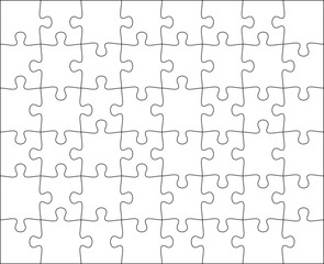 Wall Mural - Puzzles grid template 8x6. Jigsaw puzzle pieces, thinking game and jigsaws detail frame design. Business assemble metaphor or puzzles game challenge vector.