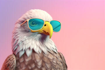 Creative animal concept. Eagle bird in sunglass shade glasses isolated on solid pastel background, commercial, editorial advertisement, surreal surrealism