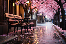 Pink Sakura Blooming Trees Alley In Spring Park