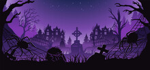 Halloween Background With Cross, Grave, Tombstone, Cemetery And Haunted House For Holiday Poster. Creepy, Mystical Background For Dark Fear Design