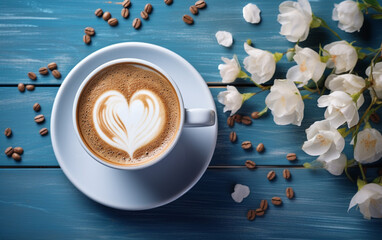 Cup of cappuccino coffee, lily flower, heart and inscription Good morning on blue wooden background. Concept - morning of newlyw (103)