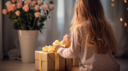 Wall Mural - Little girl with gift box