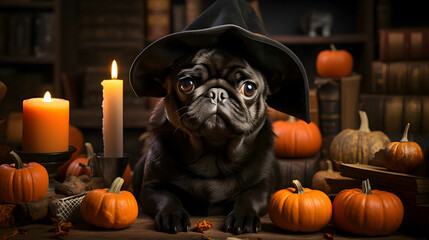 Wall Mural - Pug dog in halloween witch hat with pumpkins and candles on dark background. Holiday event halloween banner background concept