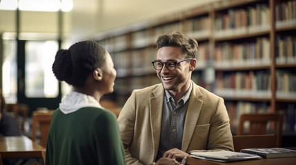 Female University Or College Student In Library Talking With Teacher