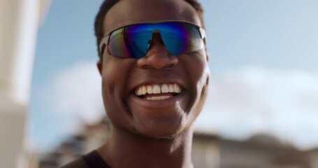 Canvas Print - Black man, happiness and face with glasses for fitness challenge, motivation and workout outdoor on blurred background. Exercise, person and nature for sports training, coaching and healthy body