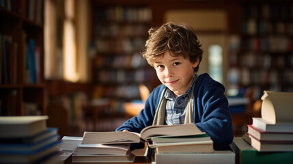 Poster - Little boy reading a book in the library