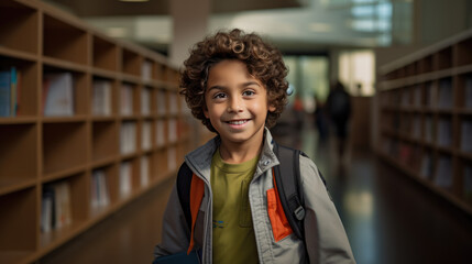 Sticker - Little boy stands among the bookcases in a library