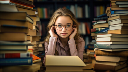 Sticker - Schoolgirl sits among stacks of books in the library