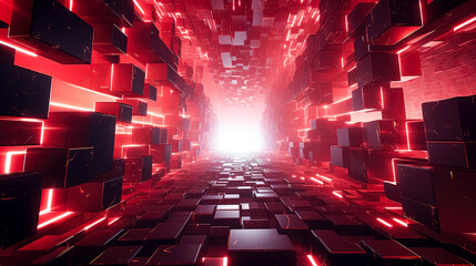 Sticker - Abstract futuristic background with geometric red cubes and lights coming out of it. Geometric shape that forms into red squares and flash of light and red color.