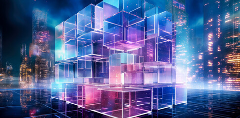 Sticker - Neon cube background with glowing reflections, puzzle-like elements,  light and space.