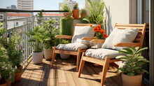 Small Modern Cute And Cozy Balcony With Chair And Some Plants Around. 