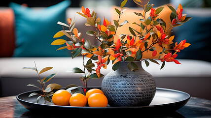 Wall Mural -  a vase with oranges and a plant on a table