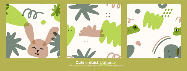 Aufkleber - Set of trendy childrens patterns with animals. and natural objects. Bright colors with an overlay. Drawing with marker or riso print. Vector contemporary illustration in green and beige colors.