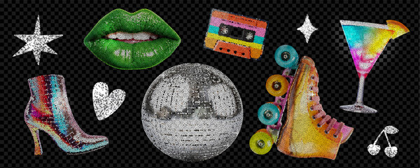 Disco-themed collage kit. Bright retro 80s elements. For rollerdrome party with cocktails and music. Vector illustration in the style of points. 