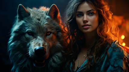  a woman in a dress standing next to a wolf