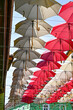 viele weiße und Rote Regenschirme hängen zwischen zwei Hauswänden um Schatten in einer Gasse zu spenden, Sighisoara, Schäßburg, Siebenbürgen, Rumänien