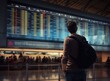 Young man looking at arrival and departure information display looking for flight at airport, people wait for their flights in terminal, air travel and vacation booking concept Generative AI