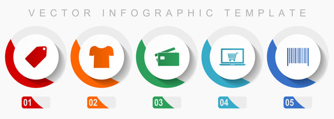 Poster - Shop and trade icon set, miscellaneous icons such as ticket, shirt, credit card, laptop and bar code, flat design vector infographic template, web buttons in 5 color options