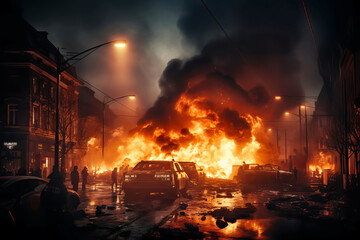 Wall Mural - Pogroms and riots in night city. Broken cars on fire