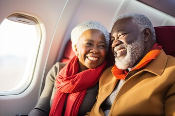 a beautiful stylish mature african traditional couple enjoying a trip to a vacation in europe, taking a flight on a plane. retirement activity concept