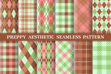 Brown, Pink And Green Argyle And Tartan Plaid Vector Pattern. Hipster Fashion Prints. Preppy Aesthetic Seamless Pattern. Shades Of Brown, Pink And Green.