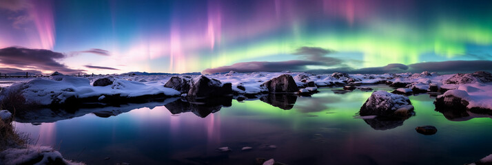 Wall Mural - a frozen tundra under northern lights, ethereal green and purple skies, icy surface reflecting color