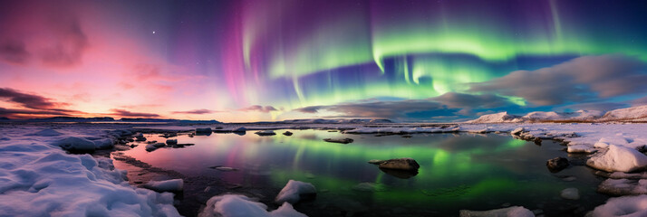 Wall Mural - a frozen tundra under northern lights, ethereal green and purple skies, icy surface reflecting color