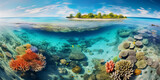 Fototapeta Do akwarium - aerial view of a coral reef, vivid colors under crystal - clear waters, sunbeams penetrating the ocean