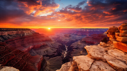 Canvas Print - majestic sunset over the grand canyon, warm golden and orange hues, deep shadows revealing intricate