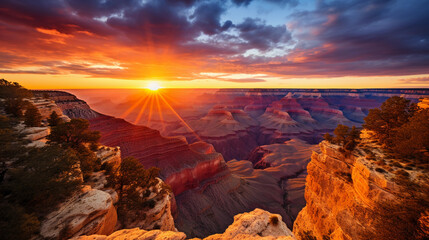 Canvas Print - majestic sunset over the grand canyon, warm golden and orange hues, deep shadows revealing intricate