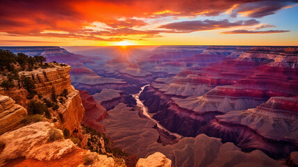 Canvas Print - majestic sunset over the grand canyon, warm golden and orange hues, deep shadows revealing intricate