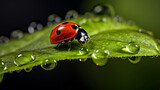 Fototapeta Mapy - a ladybug on a leaf, minute hairs and textures, natural light, morning dew