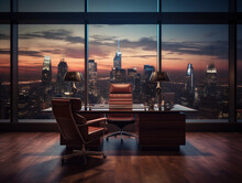An Empty CEO's Corner Office, Wooden Desk, Leather Chair, City View, Dramatic Lighting, Sunset Reflections On Glass